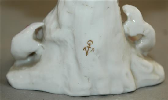 A collection of six Continental Chelsea style porcelain figures, 19th century, largest 17.5cm, smallest 10cm